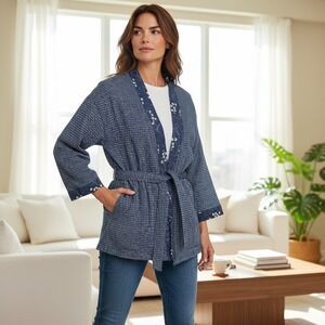 Per Una M&S Reversible Quilted Jacket‎ Blue Floral Belted Versatile Size 12